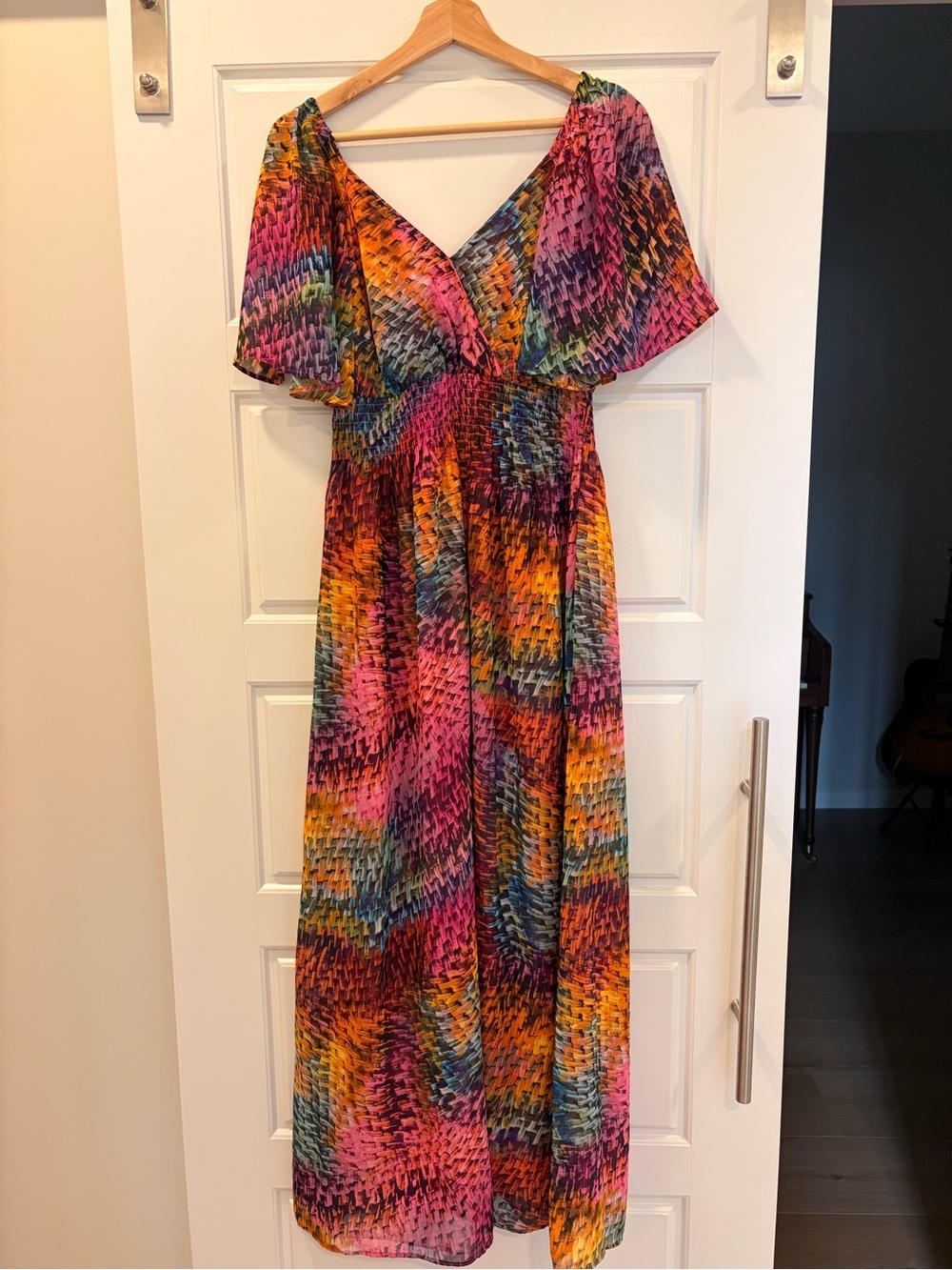 Lennie for Nina Leonard- Vibrant Multicolor Flutter-Sleeve Maxi Dress - Picture 5 of 7